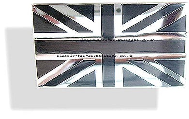 Union Jack chrome-on-black enamelled metal badge 51 x 29mm. Self adhesive back. (UJ51c) - CXB0242